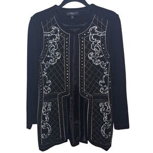Andrew Yu New York Women Black Embroidered Studded Pearl Jacket Small Collarless